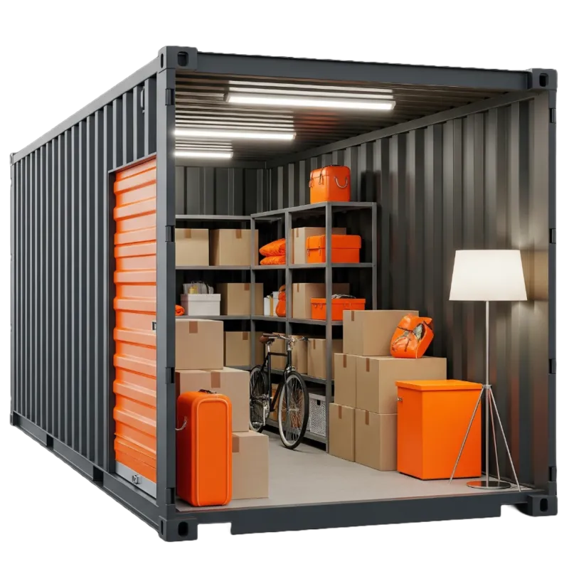 Interior view of a spacious 15m² grey and orange storage container, featuring deep storage space, shelving with organized orange boxes, a bicycle, a suitcase, and a floor lamp.